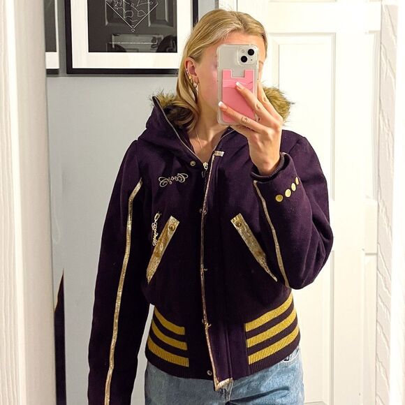 Vintage Y2K Coogi Embellished Purple & Gold Faux Fur Coat - Picture 1 of 14